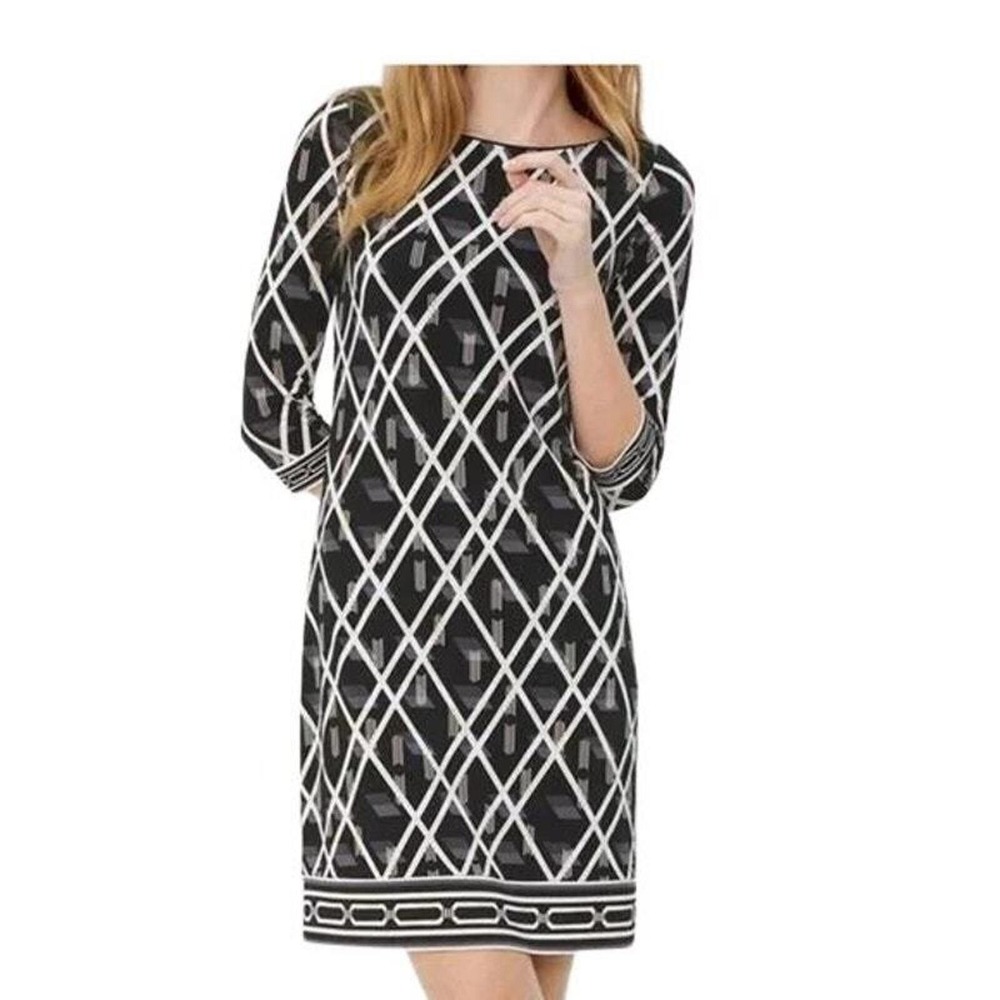 White House Black Market Sheath Dress‎ Sz XS Black White Geometric Mod Career
